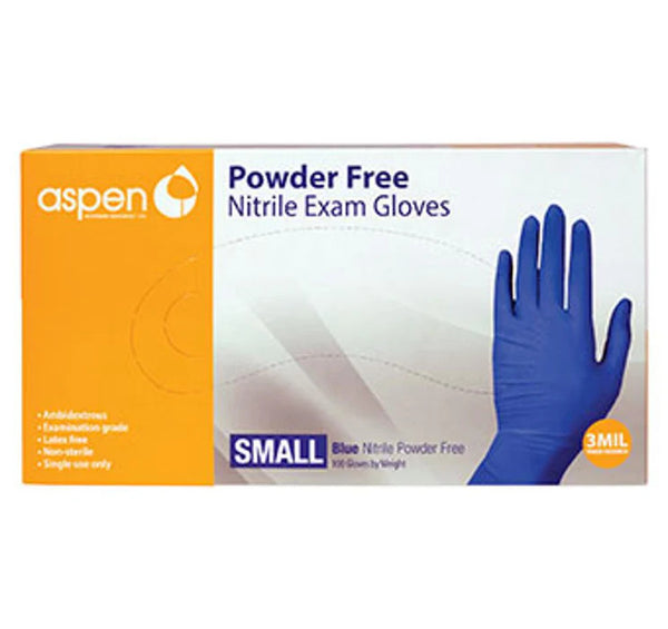 Aspen Nitrile Blue Medium 3ml  Powder Free Exam Gloves : 100ct
