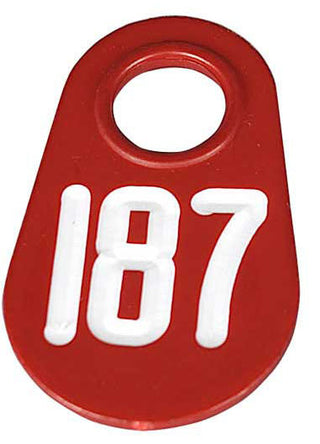 Bock's Pear Neck Tags - Numbered (1-3 Digits) : Red w/ White Lettering
