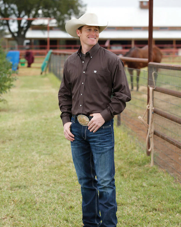 Cinch Men's Classic Fit Long Sleeve Solid Brown Shirt : Large